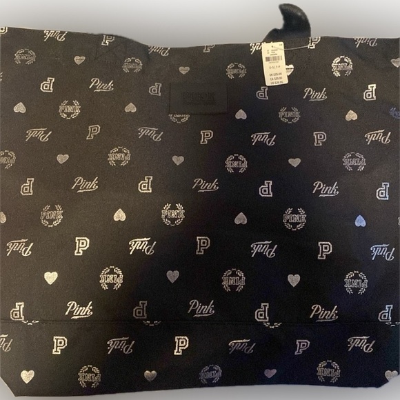 🖤VICTORIA’S SECRET🖤💕PINK💕🖤Black & Silver🩶Logo Large Canvas Tote Bag/NWT - Picture 3 of 6